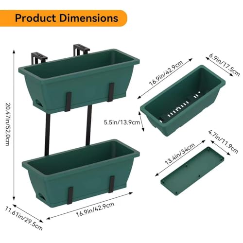 CADUKE 2-Tier Deck Railing Planter Boxes, 16.9 Inch Hanging Fence Flower Boxes with Detachable Hooks & Drain Holes for Porch & Garden, Green - color: Green