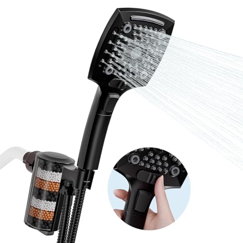 Shower Head with Handheld, High Pressure 5 Functions Handheld Shower Head with 59" Extra Long Stainless Steel Hose & Adjustable Bracket, Built-in Waterfall - color: Matte Black, style: With Filter