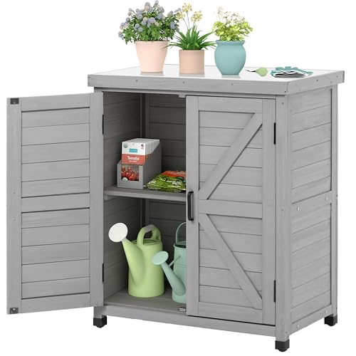 Outdoor Storage Cabinet & Potting Bench Table with Metal Top, Wooden Patio Furniture, Garden Workstation (Classic Grey, 36x31x17in) - color: Classic Grey, size: 36x31x17in