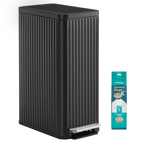 SONGMICS Trash Can, 13 Gallon (50 L) Slim, Stainless Steel, with Lid, Pedal - color: Ink Black, size: 13 Gallon (Slim)