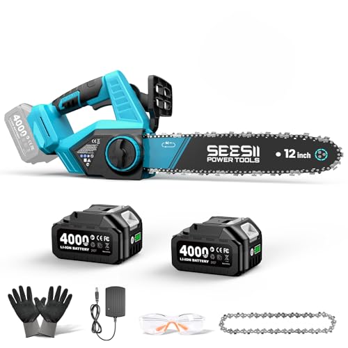 SEESII 12-Inch Electric Chainsaw Cordless, Brushless Motor - color: Ice Blue