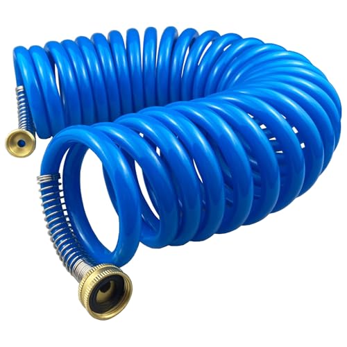 Darnassus Heavy-duty PU Coil Hose, Self-Coiling Garden Hose with Solid Brass Fittings, Retractable, Corrosion Resistant, for Household (25 FT, Blue) - color: Blue, size: 25 FT