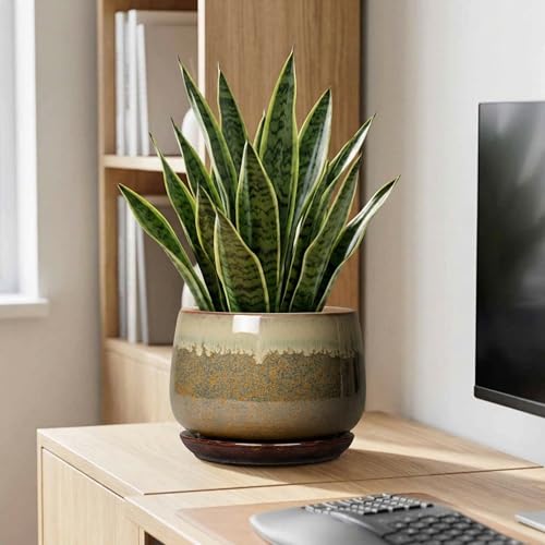 Ceramic Planter, 9 Inch Ceramic Plant Pots Indoor, Brown-Beige - size: 9 Inch, style: Brown-beige