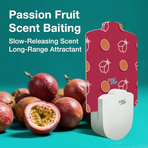ZingZap Flying Insect Trap Indoor, Plug & Prey Dual-Baiting Fly Traps with Passion Fruit Scent & Blue Light, 2X More Effective Catch, House Flies, Gnats, Moths, Base Plug & 5 Cartridges - size: Passionfruit