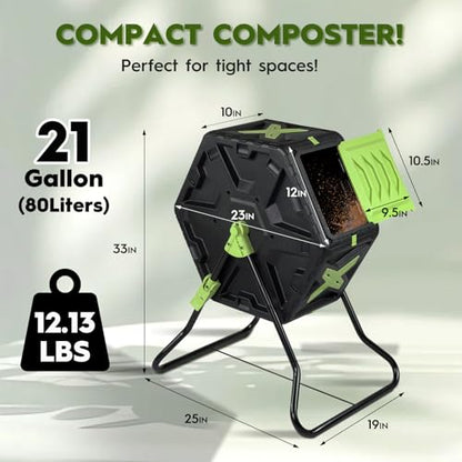 21 Gallon Compost Tumbler Outdoor - Small Rotating Composting Bin with Single Chamber & Steel Frame - BPA-Free Compact Garden Waste Bin for Kitchen Scraps & Yard Manure - Quick 5-Minute Assembly - size: 21 Gallon