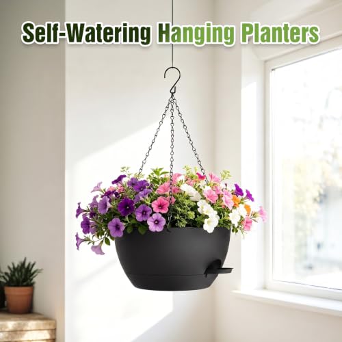 13 Inch Large Self Watering Hanging Planters 2 Pack with Saucers - color: Black, size: 13 Inch 2 Pack