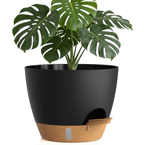 Plant Pots, 1 Pack 12 Inch Self Watering Pots with Drainage Holes, Water Level Indicator Deep Reservoir, Large Planters for Indoor Outdoor Plants - Black Brown - color: Black Brown, size: 12 in 1pcs