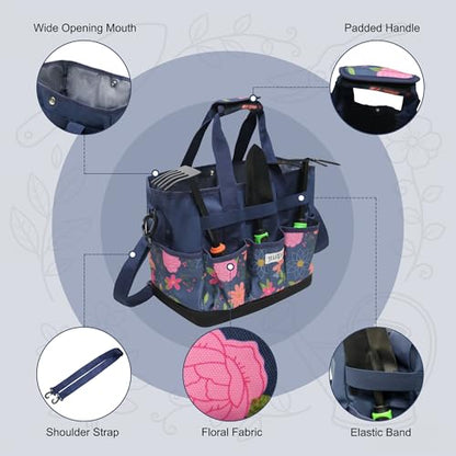 Hard Bottom Floral Garden Tool Tote Bag with Shoulder Strap - color: Blue Floral