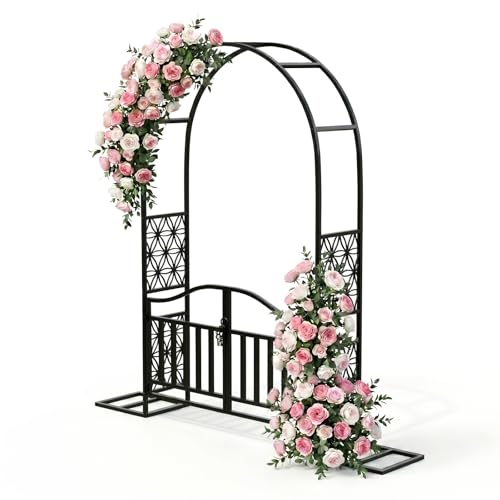 VINGLI Steel Garden Arbor, 7.6ft Arch Trellis for Climbing Plants and Decoration, Metal Garden Arbor with Flat Base and Gate, for Wedding, Entryway, Courtyard (Black, Flower Patten with Gate) - color: Black