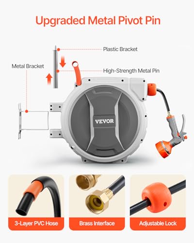 VEVOR Retractable Garden Hose Reel, 1/2 Inch x 145 ft Wall Mounted Hose Reel, Heavy Duty Garden Hose Reel with 9 Patterns Nozzle, Any Length Lock, Upgraded Slow Return System and 180°Swivel Bracket - size: 1/2 in x 145 ft