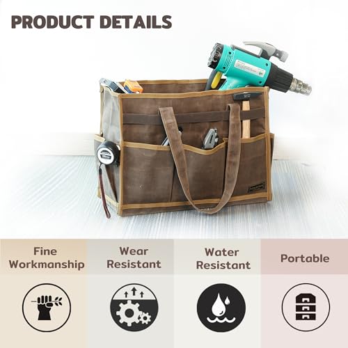 Canvas Large Tool Bag - A Large Main Pocket and 14 Insert Pockets Garden Tool Tote Bag - Durable 16oz Waxed Canvas Tool Case with Handle - Tool not Included - color: Grey