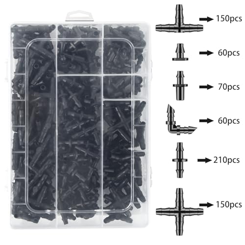 Unoutur 600 Pcs Barbed Connectors Drip Irrigation Fittings Kit, 1/4" Drip Irrigation Kit for Garden Flower Pot Greenhouse Lawn (Straight Barbs,Single Barbs,Tees,Elbows,End Plug,4-Way Coupling) - size: 600 Pcs (1/4" barbed connectors)