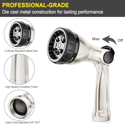 FANHAO Metal Thumb Control Garden Hose Nozzle Heavy Duty, 8 Spray Patterns - color: Silver