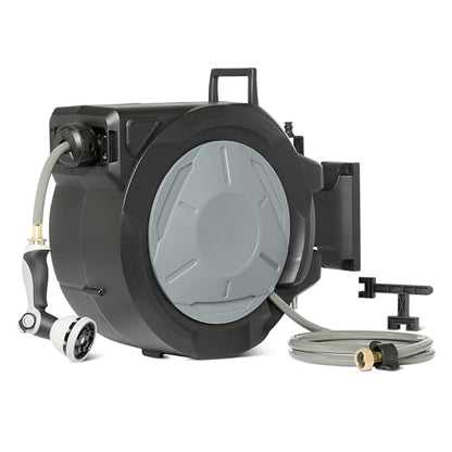 Amazon Basics Retractable Garden Hose Reel, 100 Foot, Wall Mounted, 10-Pattern Spray Nozzle, 180° Swivel Bracket - size: 100ft