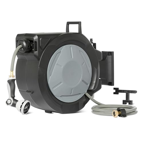 Amazon Basics Retractable Garden Hose Reel, 100 Foot, Wall Mounted, 10-Pattern Spray Nozzle, 180° Swivel Bracket - size: 100ft