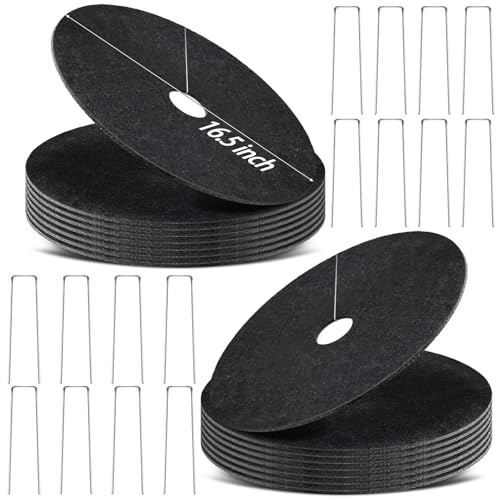 16 Pack Non-Woven Tree Mulch Ring, 16.5 Inch Degradabl Tree Protection Mat, Weed Barrier Round Mats with 16 Staples Stakes for Weed Growth RootProtection Resistant and Reusable - color: Black 16.5IN16PCS