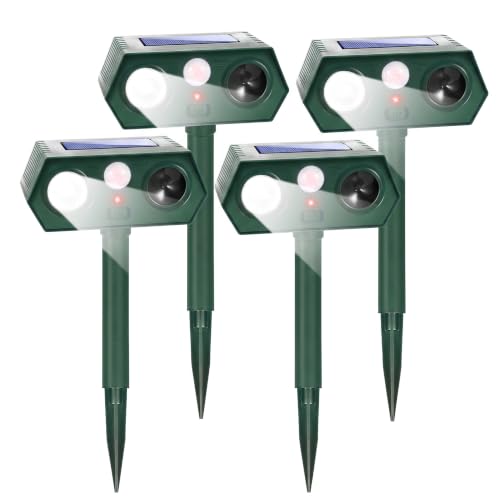 Squirrel & Raccoon Repellent Outdoor 4 Pack, Solar Ultrasonic Animal Repeller for Deer Rabbit Skunk, Motion Activated 110° PIR Sensor, White Flashing Light, IP65 Deterrent for Garden Yard Lawn