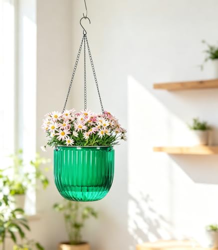 Josteve 5.2/8.2 Inch 2 Pcs Self Watering Hanging Planter Indoor Plant Pots Drainage Holes, Outdoor Small Hanging Planters Flower Pot Basket, Visible Water Level, Plant Hanger Home Decor, Gardening - color: Emerald, size: 2*5.2/8.2 inch