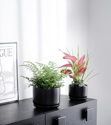 Flower Pots,Ceramic Pots with Drainage Holes & Saucer Set of 3(Matte Black) - color: Matte Black
