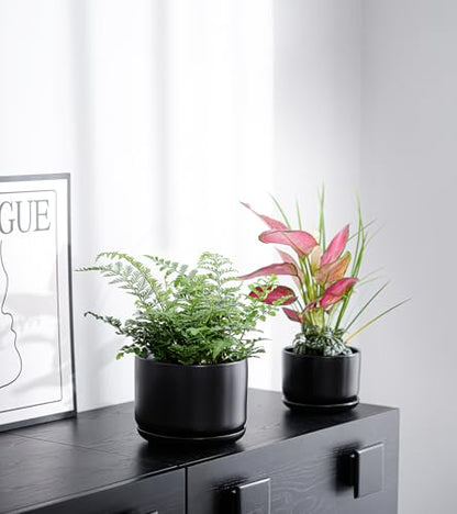 Flower Pots,Ceramic Pots with Drainage Holes & Saucer Set of 3(Matte Black) - color: Matte Black