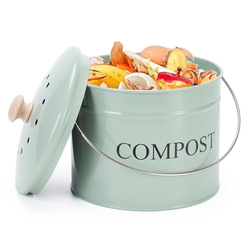 Compost Bin for Kitchen Counter, 1 Gallon Compost Bucket with Lid and Charcoal Filter, Countertop Composter, Rust Proof Indoor Food Waste Bin, Green - color: Green