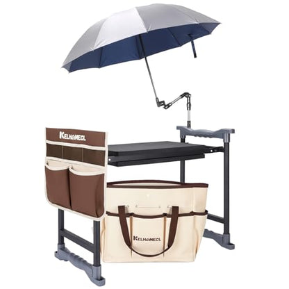 Garden Kneeler and Seat with Umbrella,Heavy Duty Gardening Bench and Stool - color: Beige & Brown