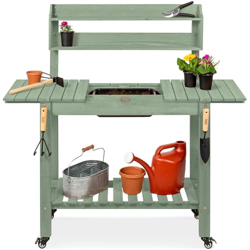 Best Choice Products Mobile Garden Potting Bench, Outdoor Wood Workstation Table w/Sliding Tabletop, 4 Locking Wheels, Food Grade Dry Sink, Storage Shelves - Sage Green - color: Sage Green