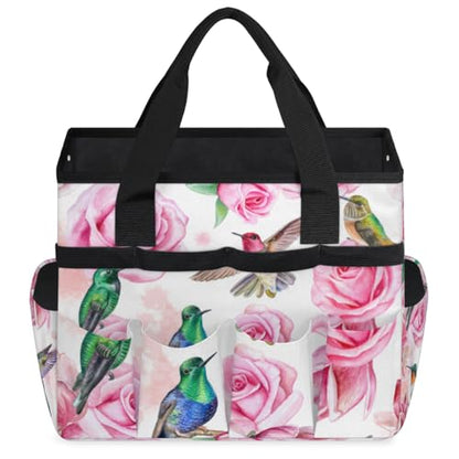 Hummingbird Flower Rose Garden Tool Bag Waterproof Gardening Tool Storage Bag with Handle & 10 Pockets Gardening Tote Bag for Women Garden Tool Organizer - color: Hummingbird Flower Rose