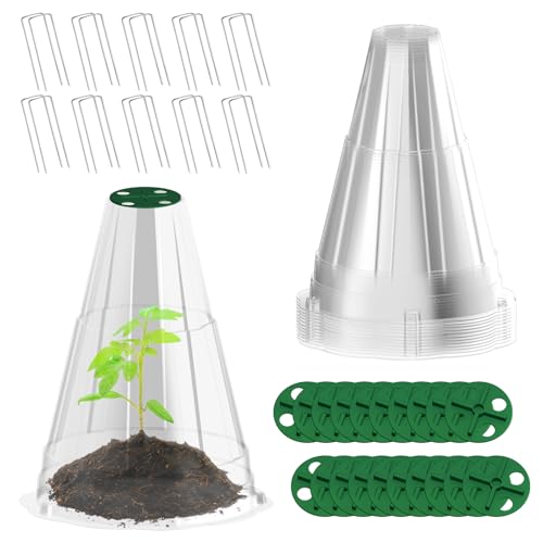 Garden Cloches for Plants, 20 Pack Garden Cloche with Rotary Vent, Reusable Bell Plant Covers with 40Pcs Ground Stakes, Plant Cloche Protectors from Animals Snails Birds Chickens, 7.9" H X 6.7" D