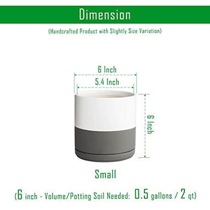 D'vine Dev Set of 2 Plants Pots, 6 Inch Ceramic Planter Pot for Plants with Drainage Hole and Saucer, White-Grey/Black-Tan, 94-V-C-C - color: White Grey/Black Tan, size: 6 Inch