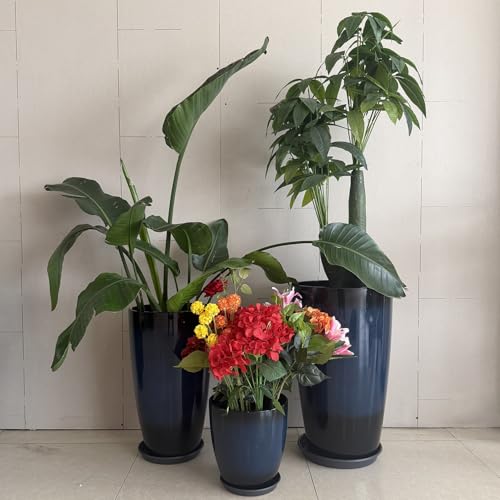 24/21/11 Inch Tall Planter Pots Garden Plastic Planters - Set of 3 for Indoor & Outdoor Use - Decorative Lightweight Flower Pots - color: Cobalt Blue