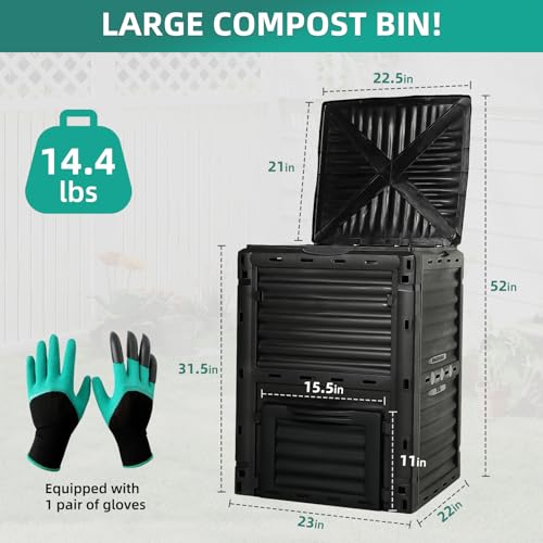 80 Gallon Large Compost Bin Outdoor - 300L High Capacity Composter with Top Flip Latch Lid - BPA-Free Heavy Duty Garden Waste Bin for Kitchen Scraps & Yard Waste - Easy Assembly, Black - size: 80 Gallon