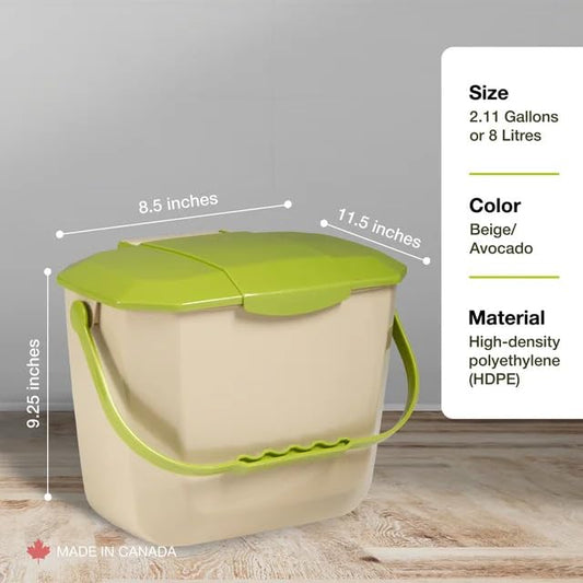 Nova Products Kitchen Compost Bin – 2 Gallon (8L) Countertop Food Waste Container | Ergonomic Handle | Beige Base with Avocado lid & Handle | Easy to Clean Design | Made from Durable HDPE