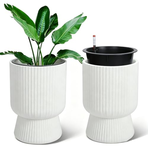 Garvee Self-Watering Planters, Set of 2, 14.2 Inch Tall Plant Pots - color: White
