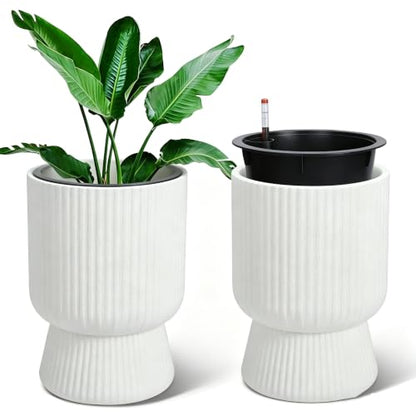 Garvee Self-Watering Planters, Set of 2, 14.2 Inch Tall Plant Pots - color: White