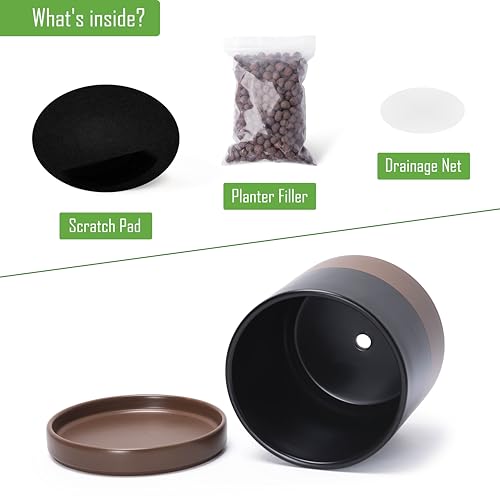D'vine Dev 2-Pack Ceramic Pots with Saucers, 6/8 in, Black/Tan, 94-G-M-7 - color: Black/Speckled Tan, size: Medium