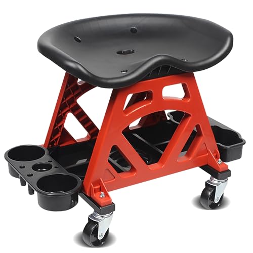 MaxWorks 50957 Ergonomic Seat Mechanic Stool Chair 22.9" L x 13.9" W x 17" H, with 4pcs 2.5" Swivel Casters, with Tool Tray for Workshop, Garage, Auto Repair - 300 Lbs Capacity - style: Ergonomic