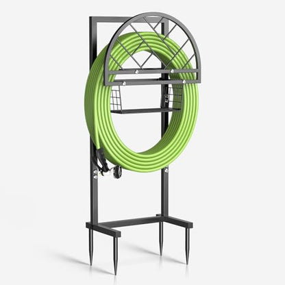 Garden Hose Holder Heavy Duty Water Hose Holder with Storage Basket,Holds Up to 165FT Hose, Freestanding Outdoor Hose Hanger with 4 Spikes Sturdy Hose Stand, for Outside Yard Lawn Patio - color: All Black