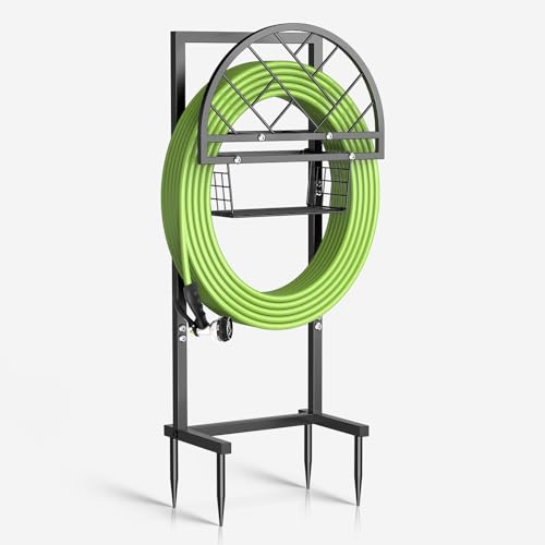 Garden Hose Holder Heavy Duty Water Hose Holder with Storage Basket,Holds Up to 165FT Hose, Freestanding Outdoor Hose Hanger with 4 Spikes Sturdy Hose Stand, for Outside Yard Lawn Patio - color: All Black