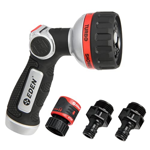 Eden Metal 6-Pattern Hose Nozzle: Thumb Operated, Heavy-Duty Aluminum Core - style: Angled Thumb Control
