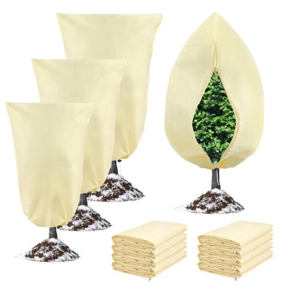 8 Pack 3 Sizes Plant Covers Freeze Protection w Zipper & Drawstring, Beige - color: Beige