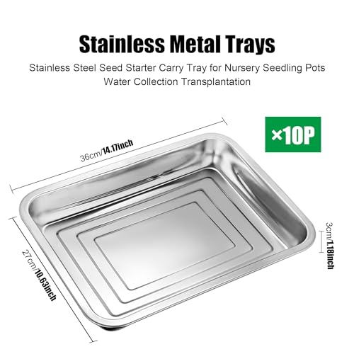 RooTrimmer 10 Pack Stainless Metal Trays, Stainless Steel Seed Starter Carry Tray for Nursery Seedling Pots Water Collection Transplantation (10.63 inch×14.17 inch, 1.18" Height) - size: Small-10P