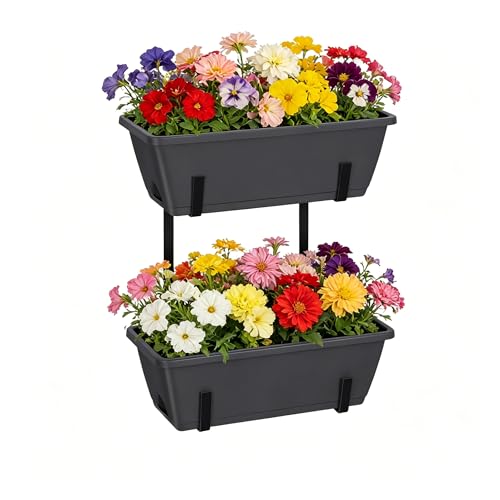 Railing Planter Box 2 Pack Rectangular Window Boxes Planters with Double Adjustable Brackets, Balcony Deck Railing Hanging Planters Herb Flower Pots for Indoor Outdoor Plants Garden Fence Rail - color: Gray