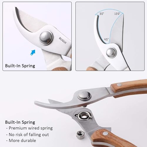BUGUI 8” Wood Handle Garden Scissors, Set of 2, Includes Bypass Pruning Shears and Long Straight Tip Clippers, Premium Gardening Tools with Precision-Ground SK-5 Steel Blade - style: 8"WoodHandleShearsSet(E023)