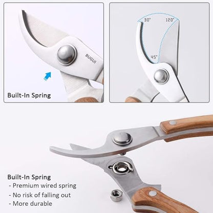 BUGUI 8” Wood Handle Garden Scissors, Set of 2, Includes Bypass Pruning Shears and Long Straight Tip Clippers, Premium Gardening Tools with Precision-Ground SK-5 Steel Blade - style: 8"WoodHandleShearsSet(E023)