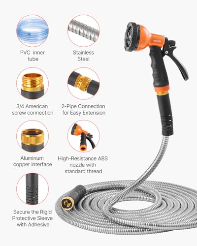 VEVOR Metal Garden Hose 200 ft, Heavy Duty Stainless Steel Water Hose with 10-Function Nozzle, No-Kink & Flexible Outdoor Garden Hose, Rust-Proof Lightweight Hose for Yard, RV, Car Wash - size: 200 ft with 10 Function Spray Nozzle