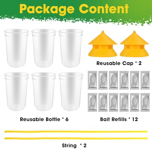 Outdoor Fly Traps, 2 Pack Reusable Hanging Fly Trap for Patio with 12 Non-Toxic Dissolvable Bait Refills, Insect Bug Catcher Killer for All Filth Flies with Ties for Outside Bug Control Yard Ranch