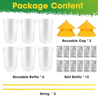 Outdoor Fly Traps, 2 Pack Reusable Hanging Fly Trap for Patio with 12 Non-Toxic Dissolvable Bait Refills, Insect Bug Catcher Killer for All Filth Flies with Ties for Outside Bug Control Yard Ranch