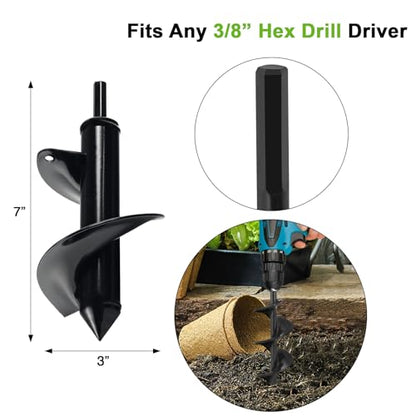 Auger Drill Bit for Planting 3 x 7 Inch, Garden Auger Spiral Drill Bit Bulb Planter Tool Drill Auger for Planting Bulb, Bedding Plant, Post or Umbrella Hole Digger for 3/8" Hex Drive Drill - size: 3" x 7"-Black
