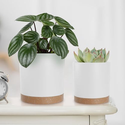 YNNICO Plant Pots with Drainage Holes and Saucers – 7, 6.5, 6, 5, 4 Inch Plastic Planters for Indoor Outdoor Plants, Modern Matte Finish, Lightweight & Durable（White - color: White